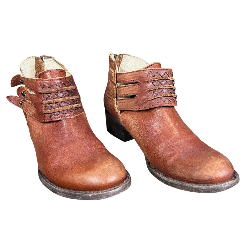 Freebird by Steven Slay Brown Distressed Leather Strappy Cutout Booties Size 8 - Picture 5 of 11
